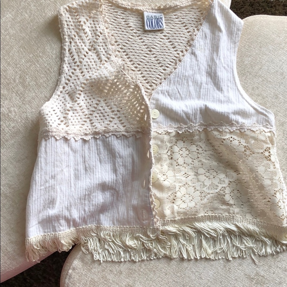Vintage Festival Crochet Cut Out Panel Vest Fringe Ivory Crop Top NWOT